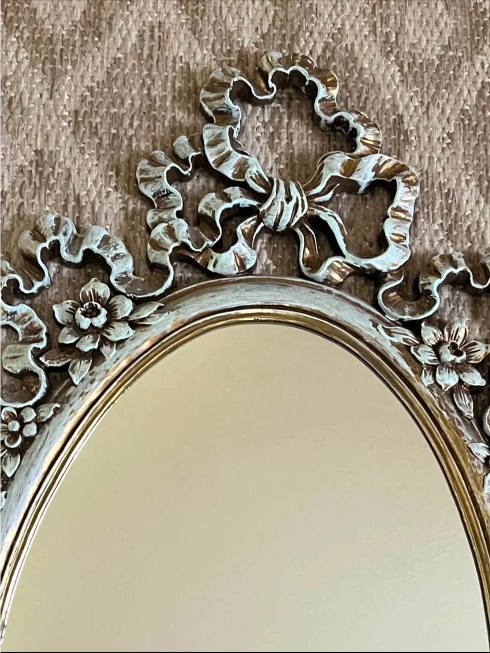 Vintage Syroco Gold Blue Painted Baroque Style Floral Ribbon Oval Wall Mirror